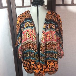 Forever 21 short kimono Sz Med/ black, orange, blue, grey colors/ bird, floral